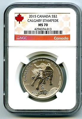 2015 $2 CANADA 1/2 OZ SILVER CALGARY STAMPEDE NGC MS70 RED LABEL .9999 TOP POP - Image 1 of 2