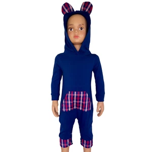 Girls Long Sleeve Teddy Bear Blue Plaid Baby Toddler Romper Hoodie One Piece - Picture 1 of 5