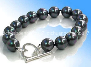 Fashion 10mm Black Shell Pearl White Gold Plated Heart Clasp Bracelet 7.5'' - Picture 1 of 6