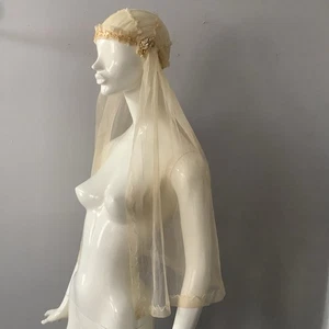 Vintage 1920’s Antique Juliet Bridal Cap Wedding Veil Silk Ribbon Netted Lace - Picture 1 of 18