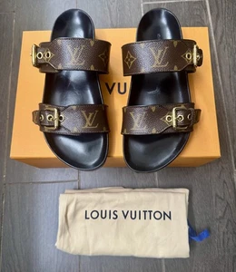 Louis Vuitton AUTHENTIC Bom Dia Flat Mule Monogram Canvas Brown Sz 38 - Picture 1 of 10