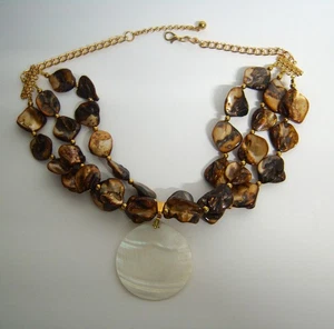 CHUNKY MOP SHELL Statement Necklace Choker GOLD Multi-Strand White Brown Coastal - Picture 1 of 5