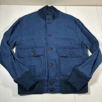Banana Republic Men's Button Up Linen Bomber Jacket Medium Blue Denim Chore Barn - Image 1 of 4
