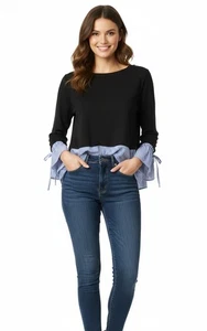 Lagenlook Nadelstreifen Pullover Gr. L Mixed Media Handgelenk Bindedetail Chic - Bild 1 von 16