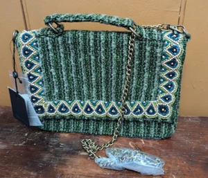 NEW America & Beyond Embellished Hand Bag w/ Removable Strap/Chain Beaded 11"x7" - Picture 1 of 13