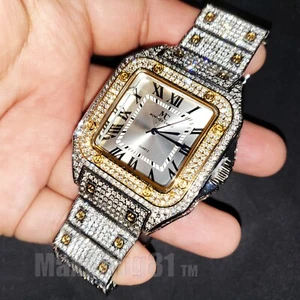 Men's Luxury Iced Two Tone Simulated Diamond Square Bracelet Metal Dress Watch - Picture 1 of 7