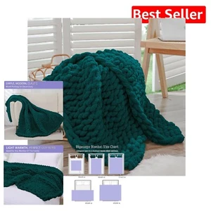Cozy Dark Green Chunky Knit Throw Blanket - Hand Knitted with Geometric Pattern - Picture 1 of 10