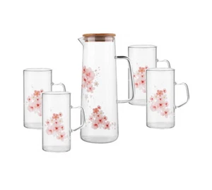 Water Juice Jug Pitcher Glass 1.4L & 4 Drinking Glasses Tumbler Set Blossom Prin - Picture 1 of 5
