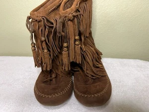 Boots Moccasin Fringe Brown  Size 9 - Picture 1 of 10