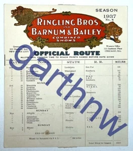 RINGLING BROTHERS 1937 BARNUM & BAILEY CIRCUS OFFICIAL ROUTE SCHEDULE #8 MAILER - Picture 1 of 2