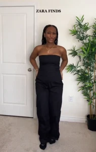 New Zara Black strapless long cargo jumpsuit waist 28" Sleeveless size M Y513 - Picture 1 of 10
