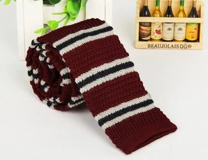 Men's Burgundy Striped Knit Knitted Tie Necktie Narrow Slim Skinny Wove ZZLD305 - Picture 1 of 2