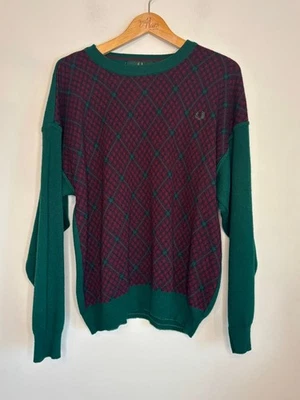 Vintage Fred Perry Mens XL Burgundy & Green Argyle Crewneck Wool Blend Sweater - Image 1 of 4