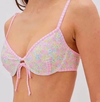 Nuevo con etiquetas Top de bikini For Love & Lemons Hydrangea Bloom rosa amarillo floral con aros M Foto 1 de 4