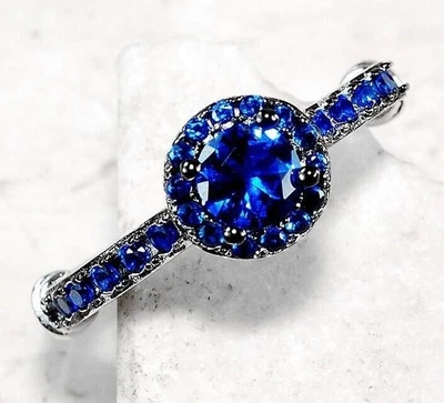  Anillo de plata de ley 925 con zafiro azul tratado de 2 quilates talla 7 MP7 Foto 1 de 4