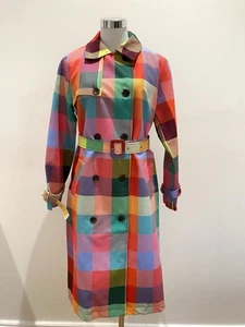 Brand New Rainbow Check Double Breasted 3/4 Trench Rain Coat Jacket Sz Small - Picture 1 of 14
