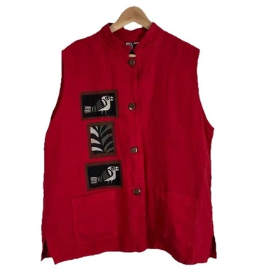 Vintage Ad Libz Vest Womens Red Painted Lagenlook Button Wearable Art Linen Boho - Image 1 of 4