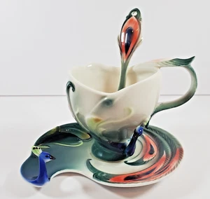 3D Peacock Teacup Saucer & Spoon Royal Porcelain Made in China Whimsical Set - Picture 1 of 14