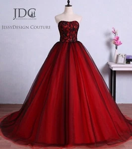 Klassisch Weinrot Rot Schwarz Brautkleid Ballkleid Quiceanera Maßgeschneidert - Bild 1 von 7