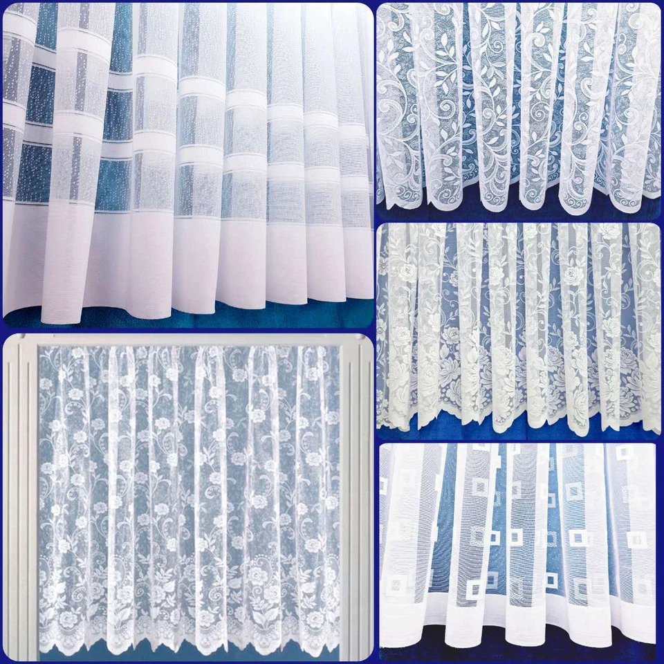 White Lace Window Net Curtains Rod Slot Ready to Use Sold By the Metre 11 Drops  - Image 1 of 1