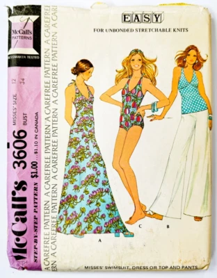 McCall's 3606 Swimsuit, Dress, Halter Top & Pants, Size 12, 1970's Cut Complete - Image 1 of 3