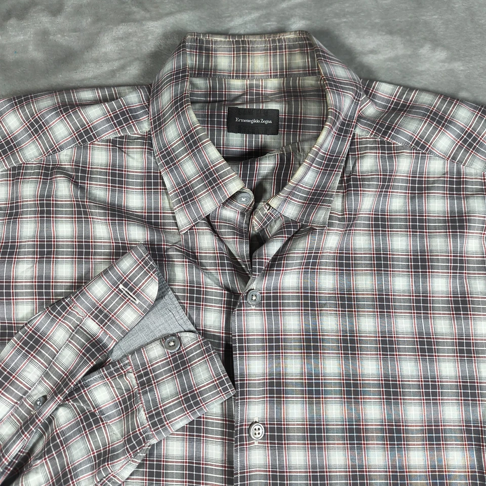 Camisa Ermenegildo Zegna Para Hombre Grande Gris Rojo Blanco A Cuadros Algodón Abotonado Foto 1 de 4