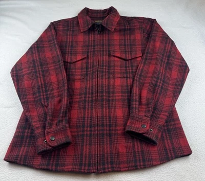 Jaqueta Camisa Woolrich Feminina M Preta Vermelha Xadrez Zíper Completo Flanela Mistura de Lã - Imagem 1 de 4