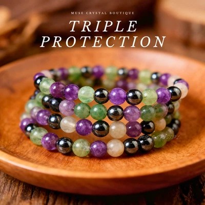 Wholesale 6 Pcs Triple Protection 6mm 6.7" Crystal Healing Stretch Bracelet Gift - Image 1 of 4