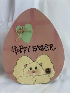 Happy Easter Pink Egg Wood Table Sign Bunny Rabbit Green Heart 8x6” - Picture 1 of 3