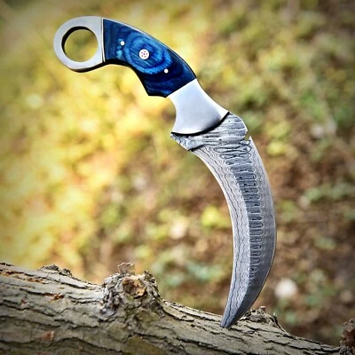 Cuchillo de hoja curva de acero Damasco con mango de madera, cuchillo táctico para exteriores Foto 1 de 4