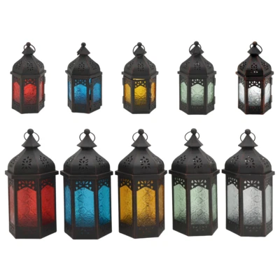 MOBILI REBECCA Lanterna Portacandele Etnica Vintage Interno Esterno Vetro Colorato Metallo Nero