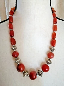 Vintage Achat Cabochon geprägt Metall Perlen Statement Halskette 24" Boho - Bild 1 von 4