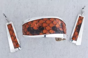 1980s Katz & Turner Sterling Silver Orange Snake Skin Cuff Bracelet Earrings Set - Picture 1 of 8