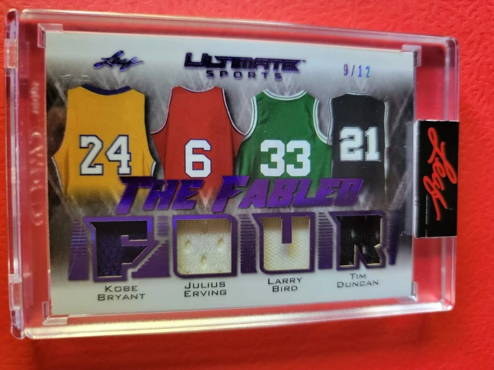 KOBE BRYANT LARRY BIRD TIM DUNCAN DR J 4 GAME USED JERSEY CARD #d9/12 ULTIMATE - Image 1 of 3
