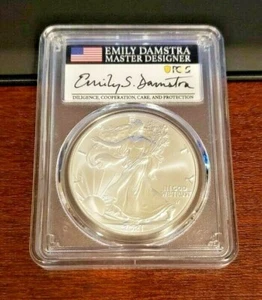 Emily Damstra Hand Signed PCGS MS70 Silver Eagle Type 2 First Strike 2021 - Picture 1 of 2