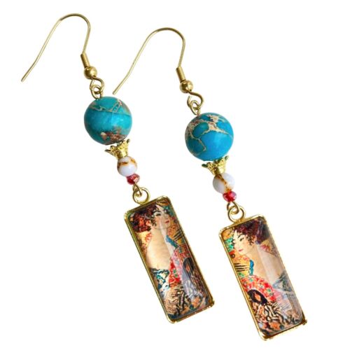 Lady with Fan Gustav Klimt Earrings Teal Stone Original Artisan Handmade Jewelry