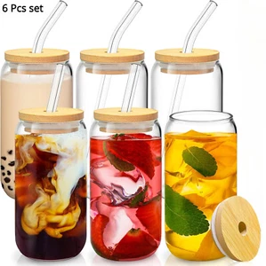 6Pcs Drinking Glasses with Bamboo Lids and Glass Straw 16Oz Glass Cup Can Shaped - Picture 1 of 11