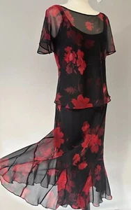 Gina Bacconi Black Red Floral Cami Mesh Top & Long Skirt Dress Coord Set Suit 14 - Picture 1 of 23