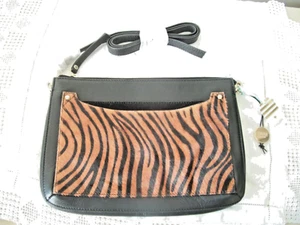 OASIS BLACK LEATHER CROSS BODY BAG with TIGER PRINT HIDE FRONT POCKET *FABULIS* - Picture 1 of 9
