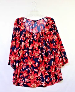 Roz & Ali XL Black Red Flower Print Pleated Peasant Blouse Bohemian - Picture 1 of 8