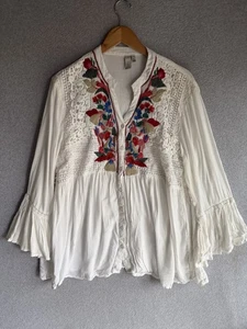 Sahalie Bluse Damen XL weiß Blumen bestickt Flatter Spitze Cottagecore  - Bild 1 von 13