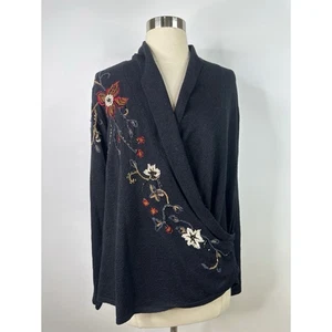 COLDWATER Creek Faux Wrap Embroidered Beaded Long Sleeve Ramie Fairy Top XL - Picture 1 of 13