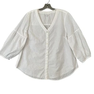 J.JILL Bluse weiß Ösenstickerei V-Ausschnitt Gr. L Baumwolle Boho Landhaus Kern - Bild 1 von 10