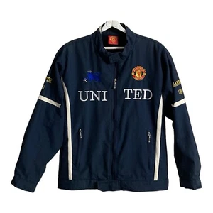 Vtg 90s Manchester United Jacket Men Sz S Fleece Lined Zip Front 3 Pockets Blue - Picture 1 of 24
