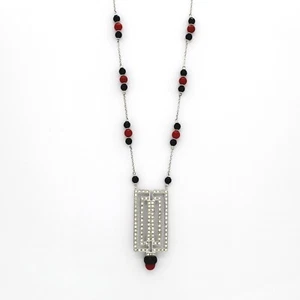 Collar De Oro Blanco 18k Con Esferas De Coral Y Ónice Y Colgante De Diamantes - Imagen 1 de 4