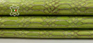 LIME GREEN SNAKE TEXTURED PRINT ON Italian Goatskin Leather 4+sqf 0.7mm #C4445 - Picture 1 of 7