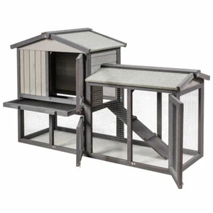 Petsjoy 58" Wooden Rabbit Hutch Large Chicken Coop Weatherproof In&Outdoor Gray - Picture 1 of 8