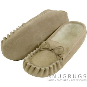 SNUGRUGS MENS REAL SUEDE MOCCASIN SHEEPSKIN SLIPPERS SOFT SOLE BEIGE