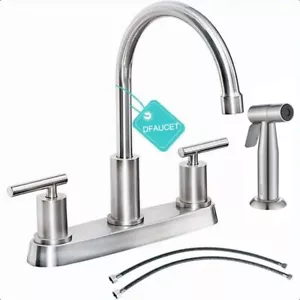 Commercial Kitchen Sink Faucet 2 Handle 4 Hole w/ Pull-Out Side Sprayer Brushed - Picture 1 of 8