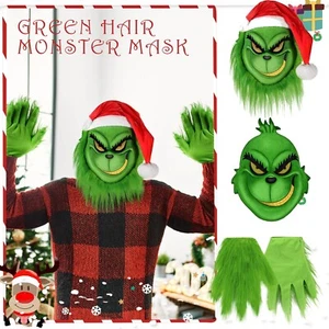 2024 Grinch Full Head Latex Mask & Gloves Xmas Hat Monster Adult Costume Cosplay - Picture 1 of 12